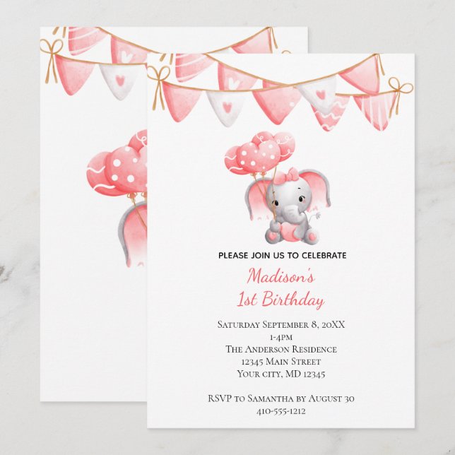 Invitation Ballons éléphant rose pour l'anniversaire de bébé  (Devant / Derrière)