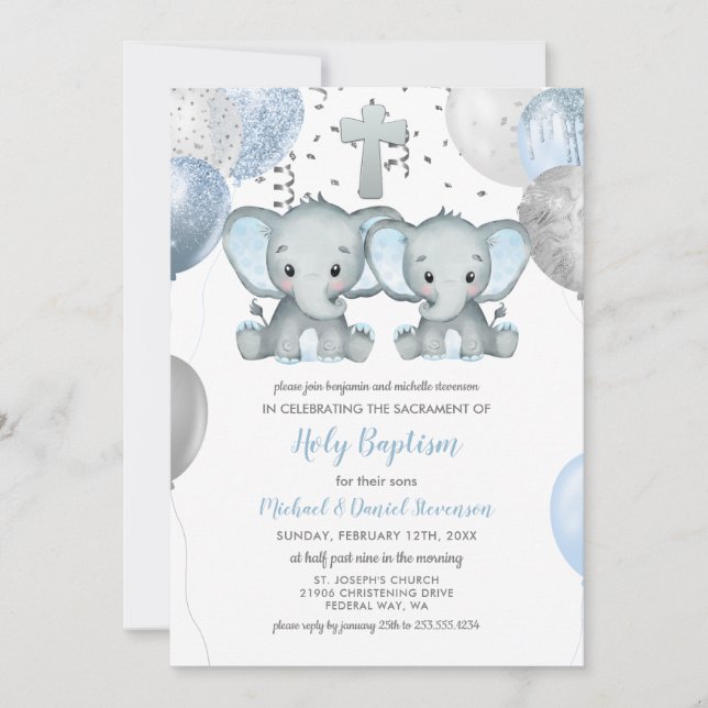 Invitation Ballons éléphants Aquarelle Baptême (Devant)