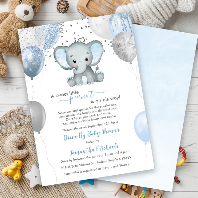Invitation Ballons Eléphants De Garçon Mignonne Conduit Par B (Cute Boy Elephant Balloons Drive By Baby Shower Invitation)