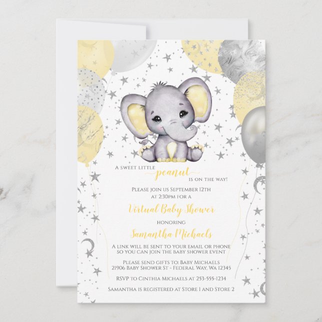 Invitation Ballons Eléphants Jaunes mignons Baby shower virtu (Devant)