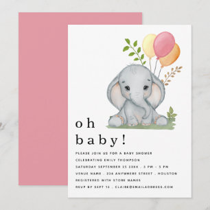 Invitation Ballons Eléphants mignons Baby shower fille rose