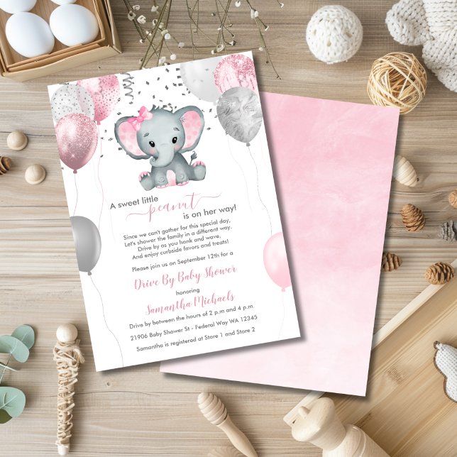Invitation Ballons Eléphants Petite Fille Conduit Par Baby sh (Cute Girl Elephant Balloons Drive By Baby Shower Invitation)