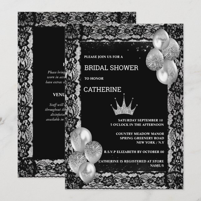 Invitation Ballons en dentelle noire en argent tiara soirée é (Devant / Derrière)