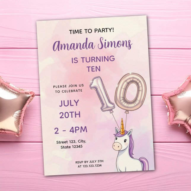 Invitation Ballons en feuille pastel Licorne Fille 10e annive (Créateur téléchargé)
