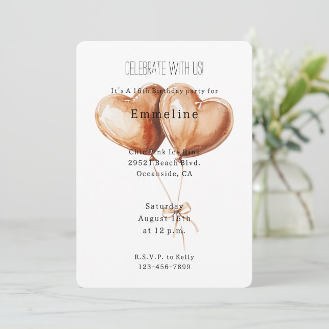 Invitation Ballons en forme de cœur caramel pour anniversaire (Debout devant)