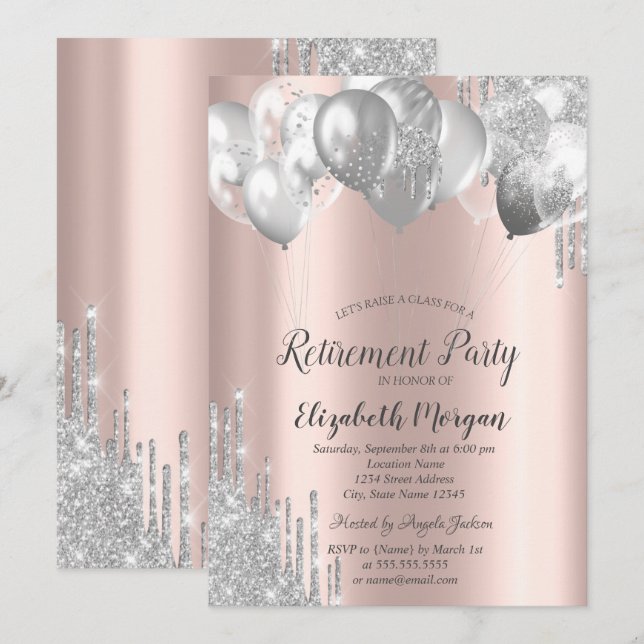 Invitation Ballons en forme de gouttes de paillettes argentée (Devant / Derrière)
