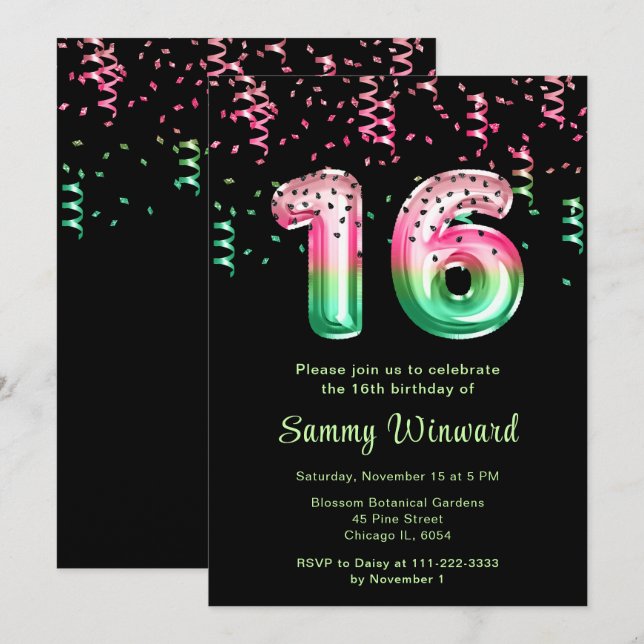 Invitation Ballons en forme de pastèque pour 16e anniversaire (Devant / Derrière)