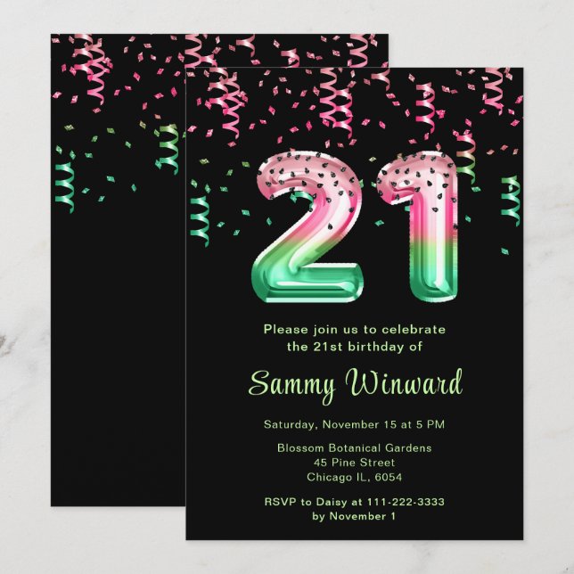 Invitation Ballons en forme de pastèque pour 21e anniversaire (Devant / Derrière)