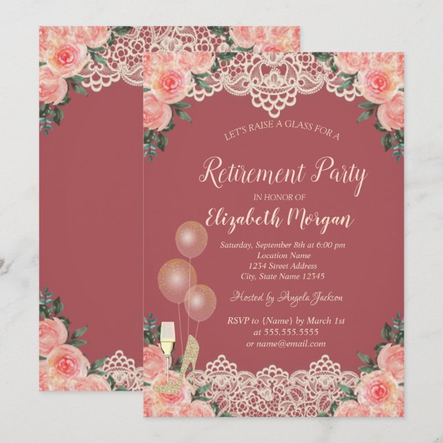 Invitation Ballons en forme de verre à vin dentelle roses rou (Devant / Derrière)