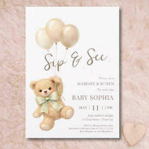 Invitation Ballons en forme d'ours en peluche Sip and See