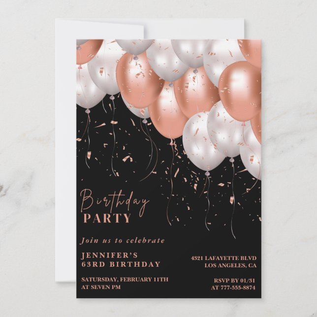 Invitation Ballons en or Black Rose 63e anniversaire (Devant)