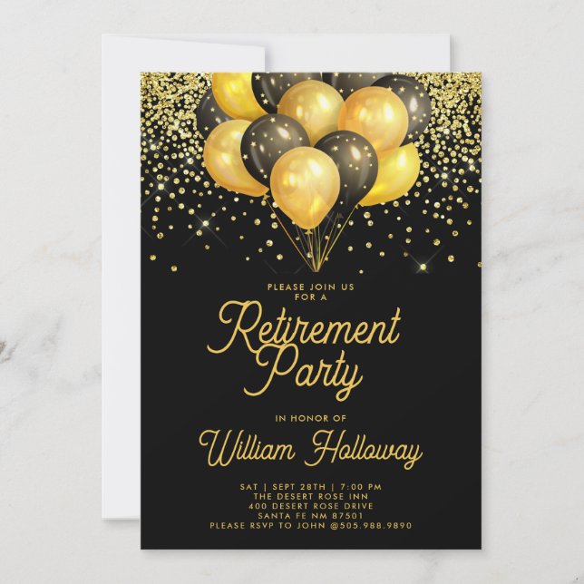 Invitation Ballons en Or et Noir avec Confettis pour Soirée d (Devant)