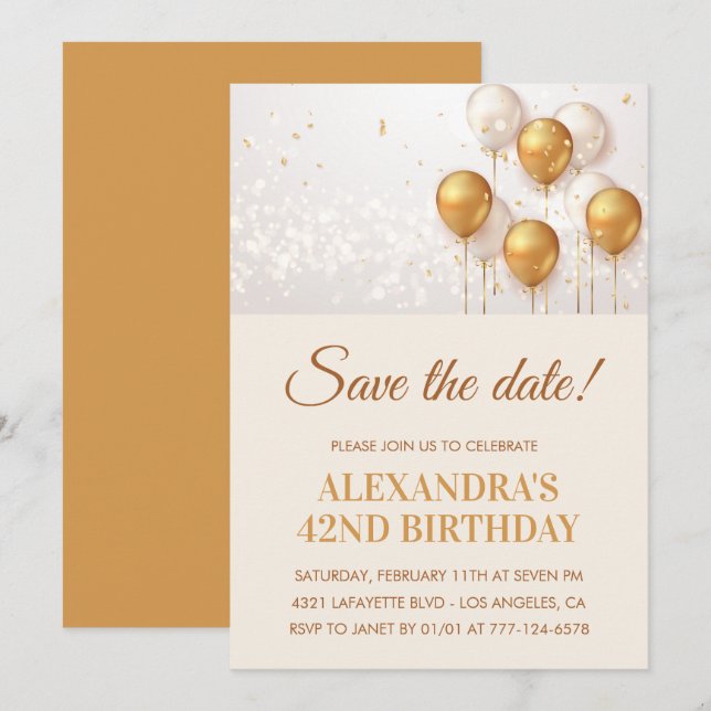 Invitation Ballons en Or Modernes Enregistrez la date 42e ann (Devant / Derrière)