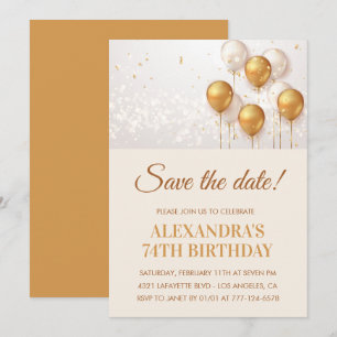 Invitation Ballons en Or Modernes Sauvegarder la date 74e ann