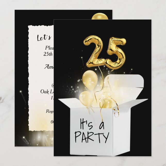 Invitation Ballons en or pour 25e anniversaire en boîte blanc (Devant / Derrière)