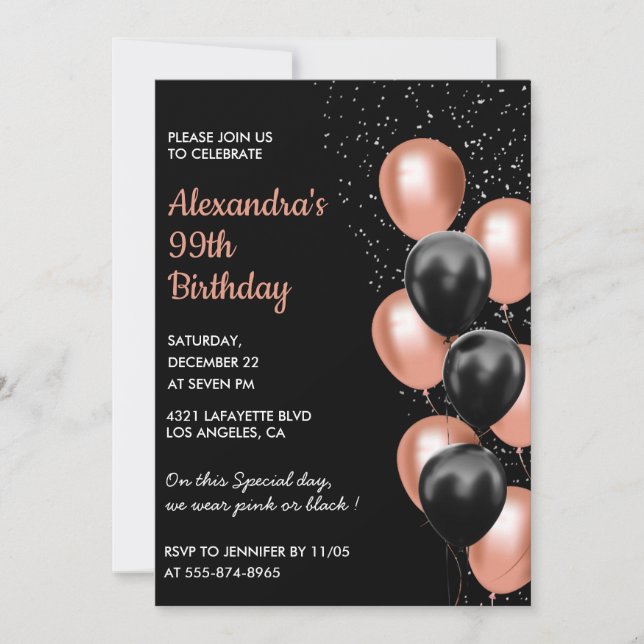 Invitation Ballons en or rose noir chic pour 99e anniversaire (Devant)