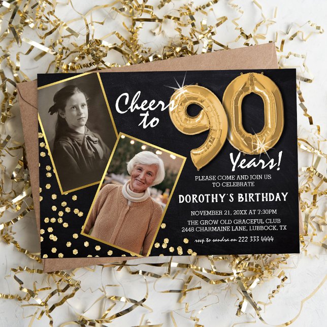 Invitation Ballons en or sur tableau noir pour 90e anniversai (Créateur téléchargé)