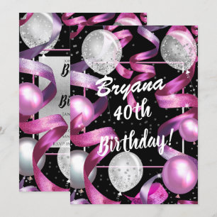 Invitation Ballons en Paillettes Rose Noir Argent 40ème Anniv