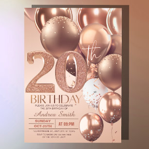 Invitation Ballons en Rose Gold pour les 20 ans Glam Glitter