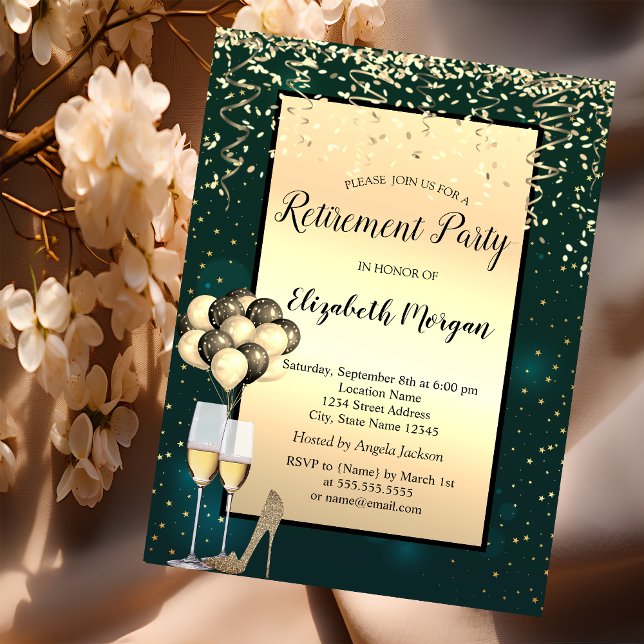 Invitation Ballons, escarpins dorés, retraite verte (Créateur téléchargé)