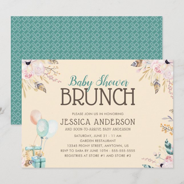 Invitation Ballons et cadeaux | Baby shower Brunch (Devant / Derrière)