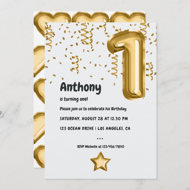 Invitation Ballons Faux Gold Foil 1er anniversaire (Devant / Derrière)
