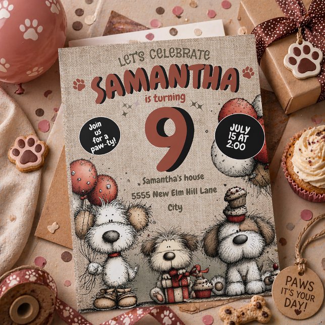Invitation Ballons Fille de la Rustic Puppy Paw-ty 9e Anniver (Cute dogs 9th birthday party invitation for little girls)