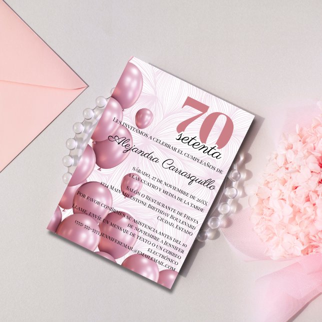 Invitation Ballons Fleuris Rose Espagnol pour 70ème Anniversa (Créateur téléchargé)