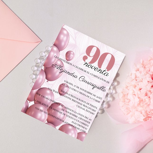 Invitation Ballons Fleuris Rose Espagnol pour 90ème Anniversa (Créateur téléchargé)