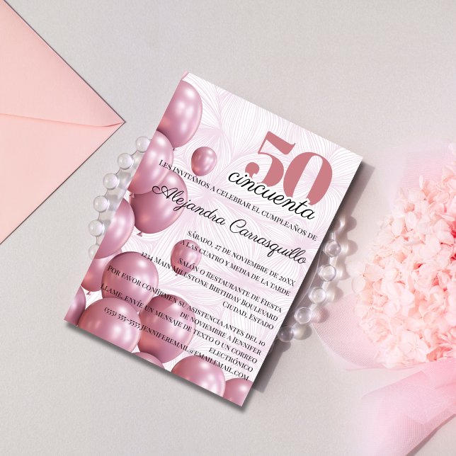 Invitation Ballons Fleuris Rose Rose Espagnol 50e Anniversair (Créateur téléchargé)