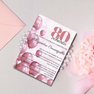 Invitation Ballons Fleurs Roses Espagnol 80ème Anniversaire