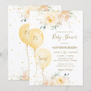 Invitation Ballons floraux jaunes Baby shower jumeaux neutres