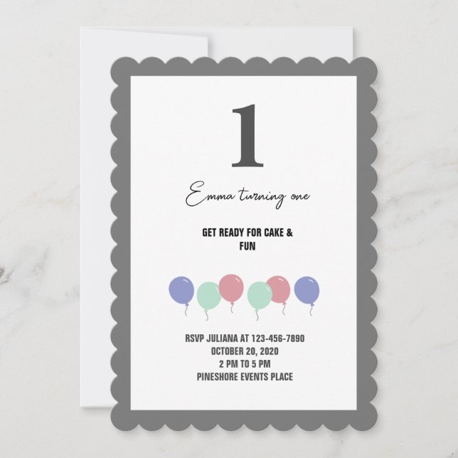 Invitation Ballons frontières gris 1er anniversaire Invitatio (Devant)