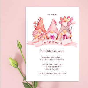 Invitation Ballons Gnomes mignons rose Premier anniversaire f
