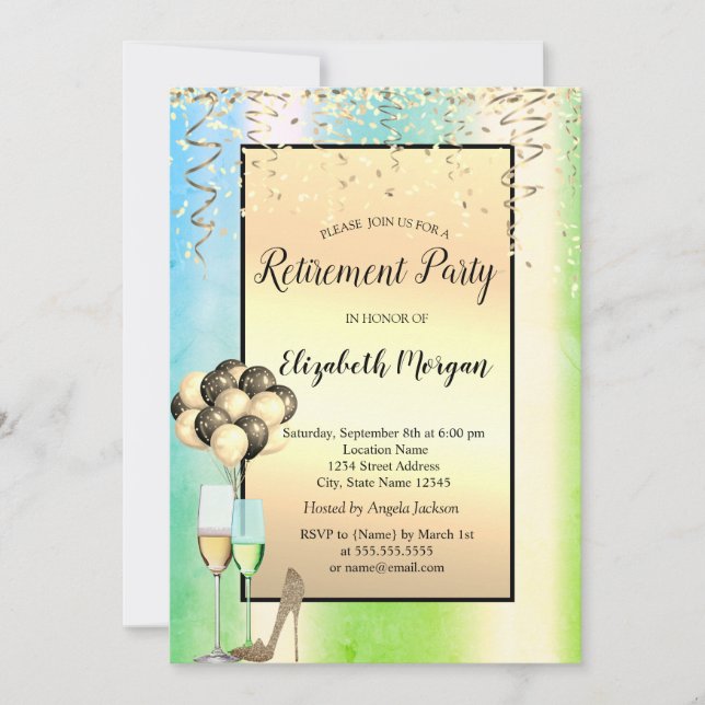 Invitation Ballons, Gold Confetti Green Retirement (Devant)