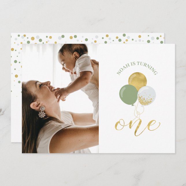 Invitation Ballons Gold & Sage | Fête du 1er anniversaire du  (Devant / Derrière)