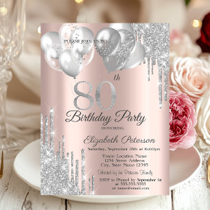 Invitation Ballons Gouttes de Paillettes Argentées 80e Annive