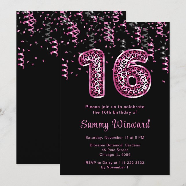 Invitation Ballons imprimés léopard avec confettis pour 16e a (Devant / Derrière)