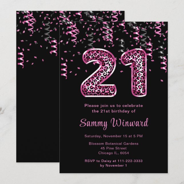 Invitation Ballons imprimés léopard pour 21e anniversaire ave (Devant / Derrière)