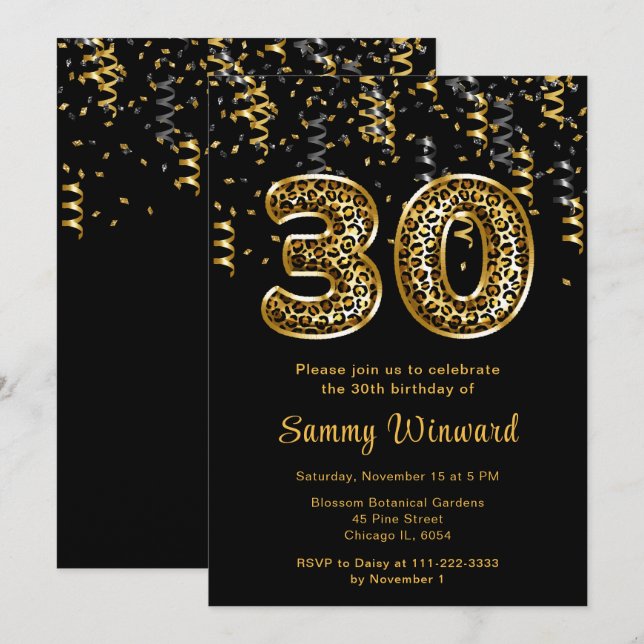 Invitation Ballons imprimés léopard pour 30e anniversaire ave (Devant / Derrière)