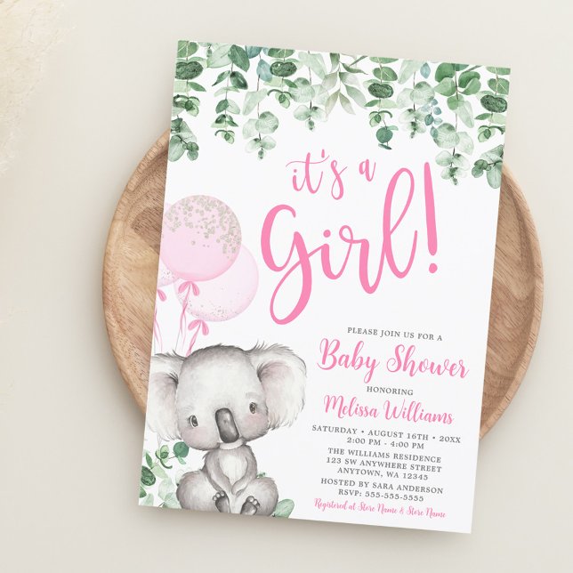 Invitation Ballons Koala Eucalyptus Fille Baby Shower (Créateur téléchargé)
