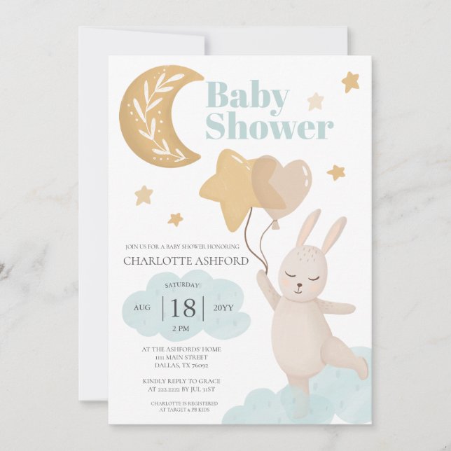 Invitation Ballons lapin de lune Baby shower neutre (Devant)