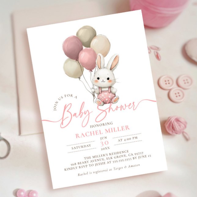 Invitation Ballons lapin lapin Baby shower fille rose (Créateur téléchargé)
