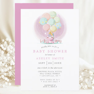 Invitation Ballons Licorne Rose Aquarelle Fille Baby Shower