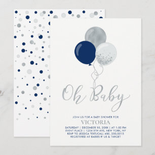 Invitation Ballons Marine et Argent   Oh Baby Boy Baby shower