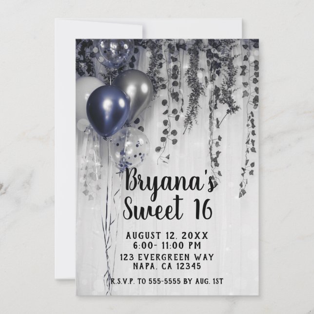Invitation Ballons métallisés bleu argent Ivy Blanc Sweet 16 (Devant)