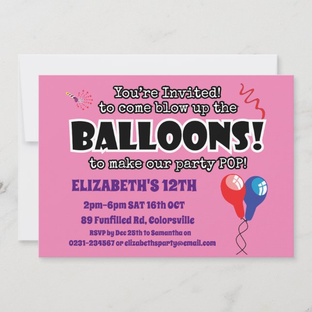 Invitation BALLONS mignon fun prêt à pop anniversaire (Devant)