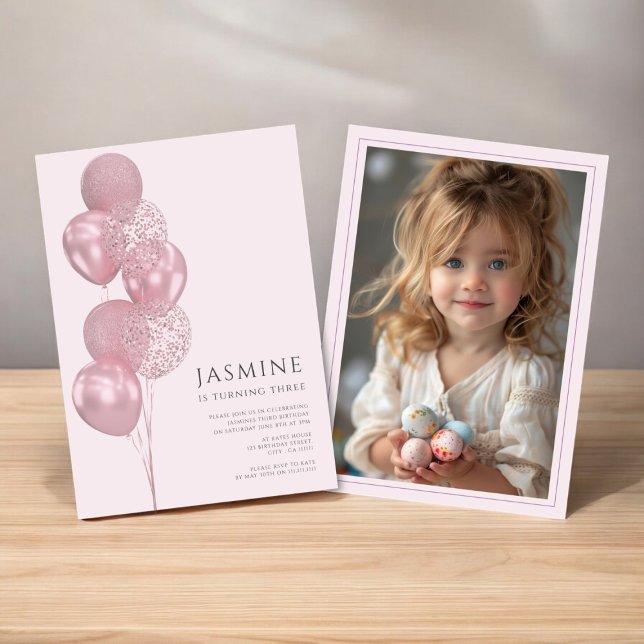 Invitation ballons mignons photo anniversaire (cute any age birthday invitation with photo template , fully editable )