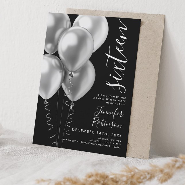 Invitation Ballons minimaux en argent doux 16 Anniversaire No (Minimal Silver Balloons Sweet 16 Birthday Black Invitation)