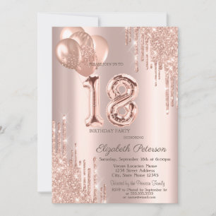 Invitation Ballons Modernes Paillettes Gouttes Rose Gold  Swe